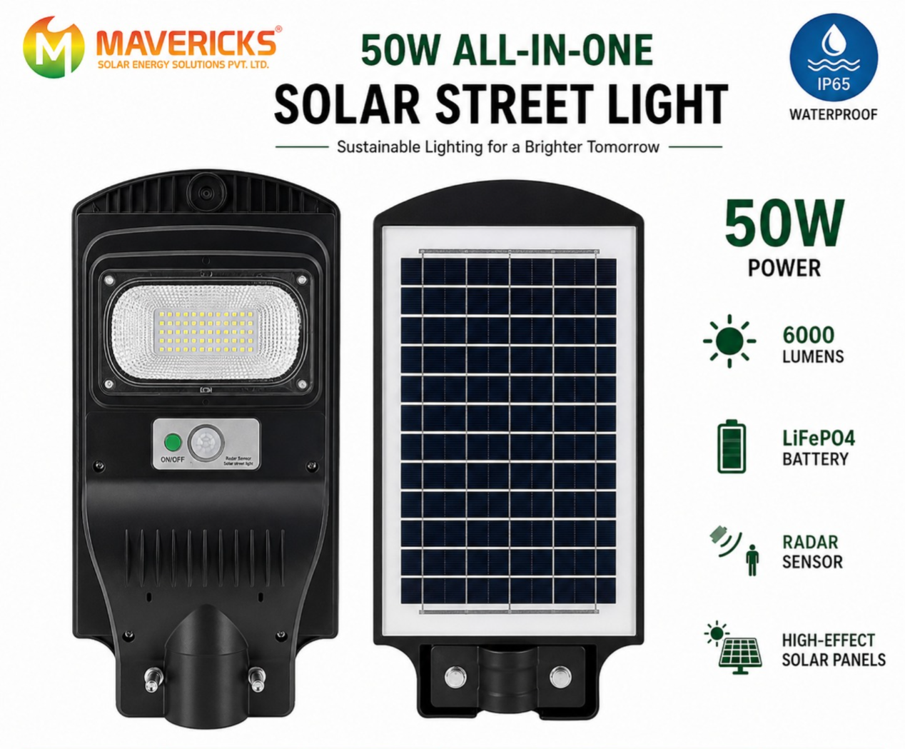 Mavericks 50W All-in-One Solar Street Light with LiFePO4 Battery, Radar Sensor, IP65 Waterproof & High-Efficiency Solar Panel, 6000 Lumens